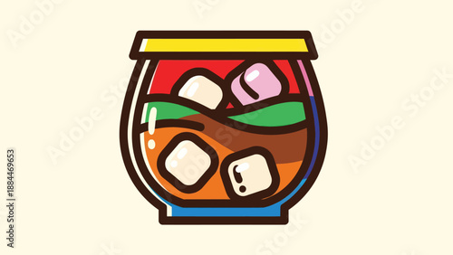 Colorful cocktail illustration with ice cubes and liquids on a light background