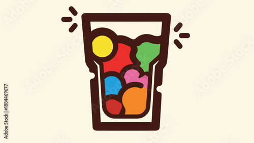 Colorful cocktail illustration with various fruits and ice in a glass cup design