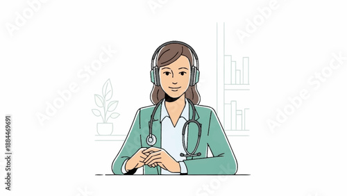 Female doctor wearing headphones and stethoscope at desk.