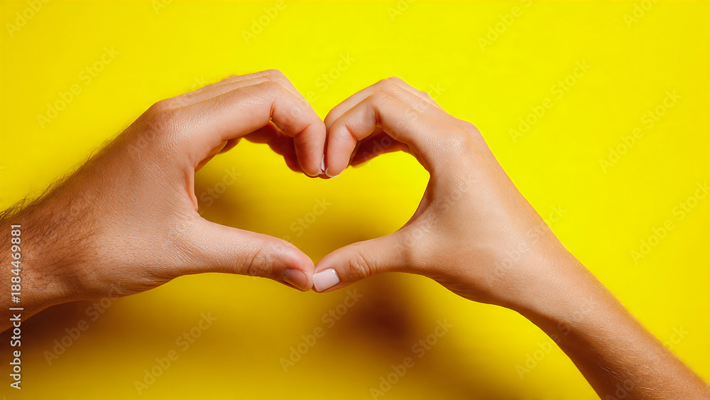 Obraz premium Two hands, one male and one female, forming a heart shape against a vibrant yellow background, symbolizing love, connection, and care.