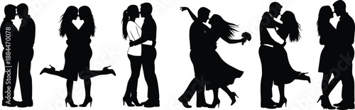 Romantic couple silhouettes in various affectionate poses, embracing, kissing, lifting, and forming heart shapes, symbolizing love and emotional connection