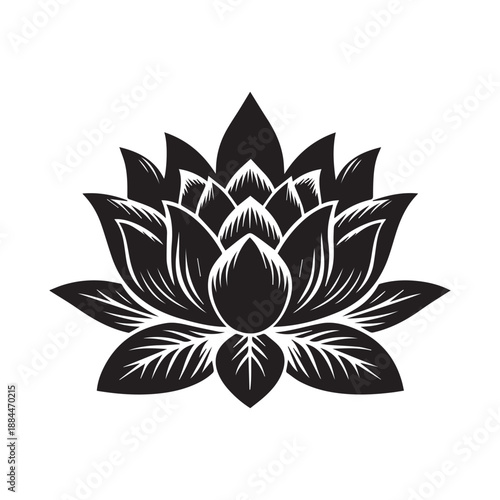 Black and white lotus flower vector illustration in vintage woodcut style for logo design