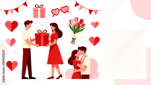 Romantic couple exchanging gifts with hearts and flowers in background  