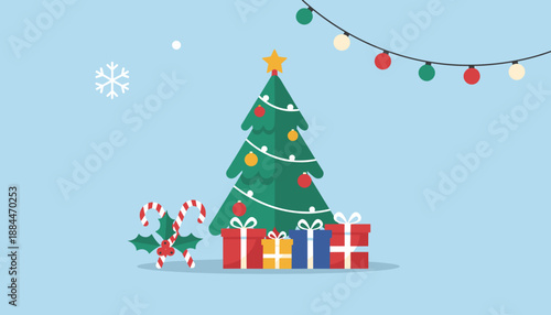 Flat design Christmas background with decorated tree presents candy canes and winter elements