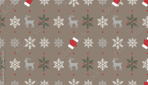 Festive Christmas pattern Reindeer snowflakes mittens and fir branches on taupe background