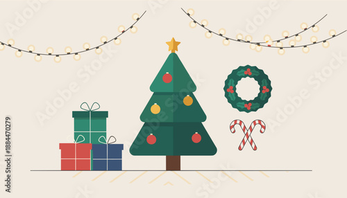 A cheerful flat design illustration of essential Christmas holiday elements decorations gifts and lights
