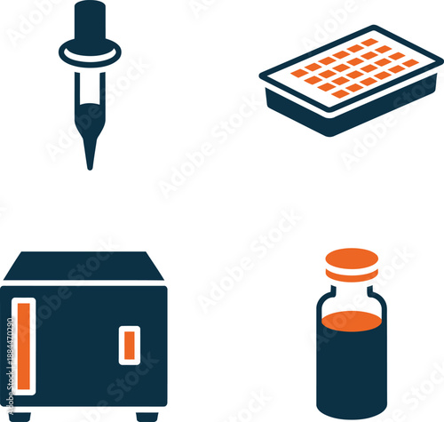 Laboratory equipment including pipette, microtiter plate, incubator, and bottle