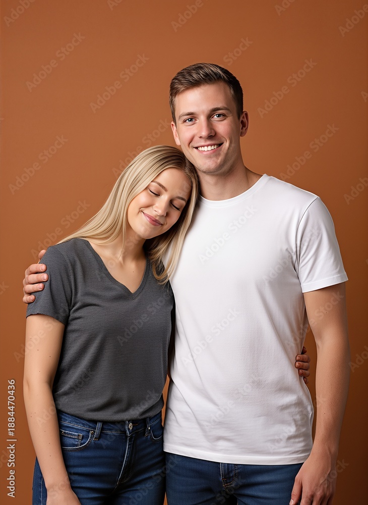 Fototapeta premium smiling young couple hugging, blonde woman resting on man’s shoulder, casual studio portrait on warm brown background, love concept