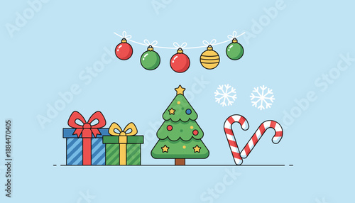 Festive Christmas vector illustration with tree wrapped gifts candy canes and ornaments on a blue background