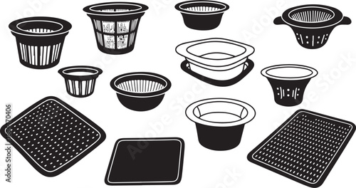 Kitchen Utensils and Dishes in Black and White Illustration
