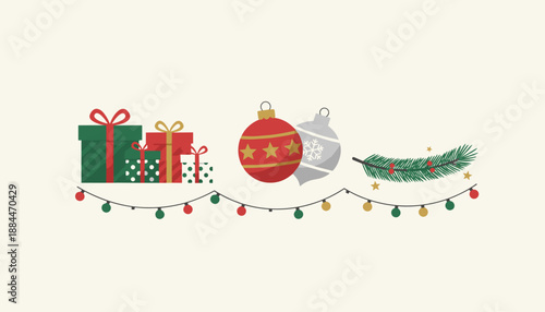 Festive Christmas icons including gifts ornaments pine branch and lights perfect for seasonal design