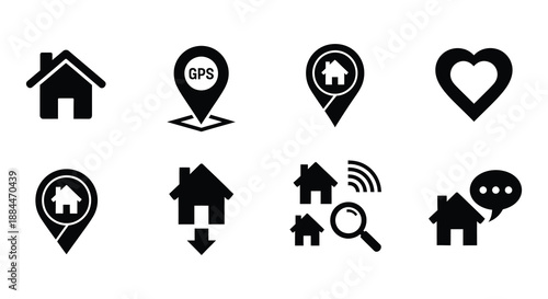 Collection of black home location and heart icons in a linear design
