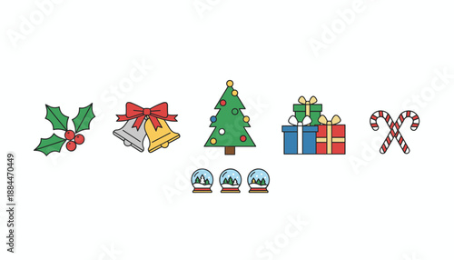 A collection of colorful flat design Christmas holiday icons including gifts holly bells and a tree on white