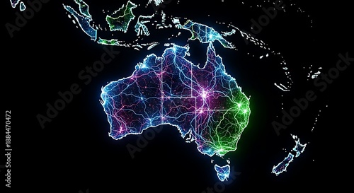 Colorful topographic map of Australia with states outlined in neon yellow, against a black background