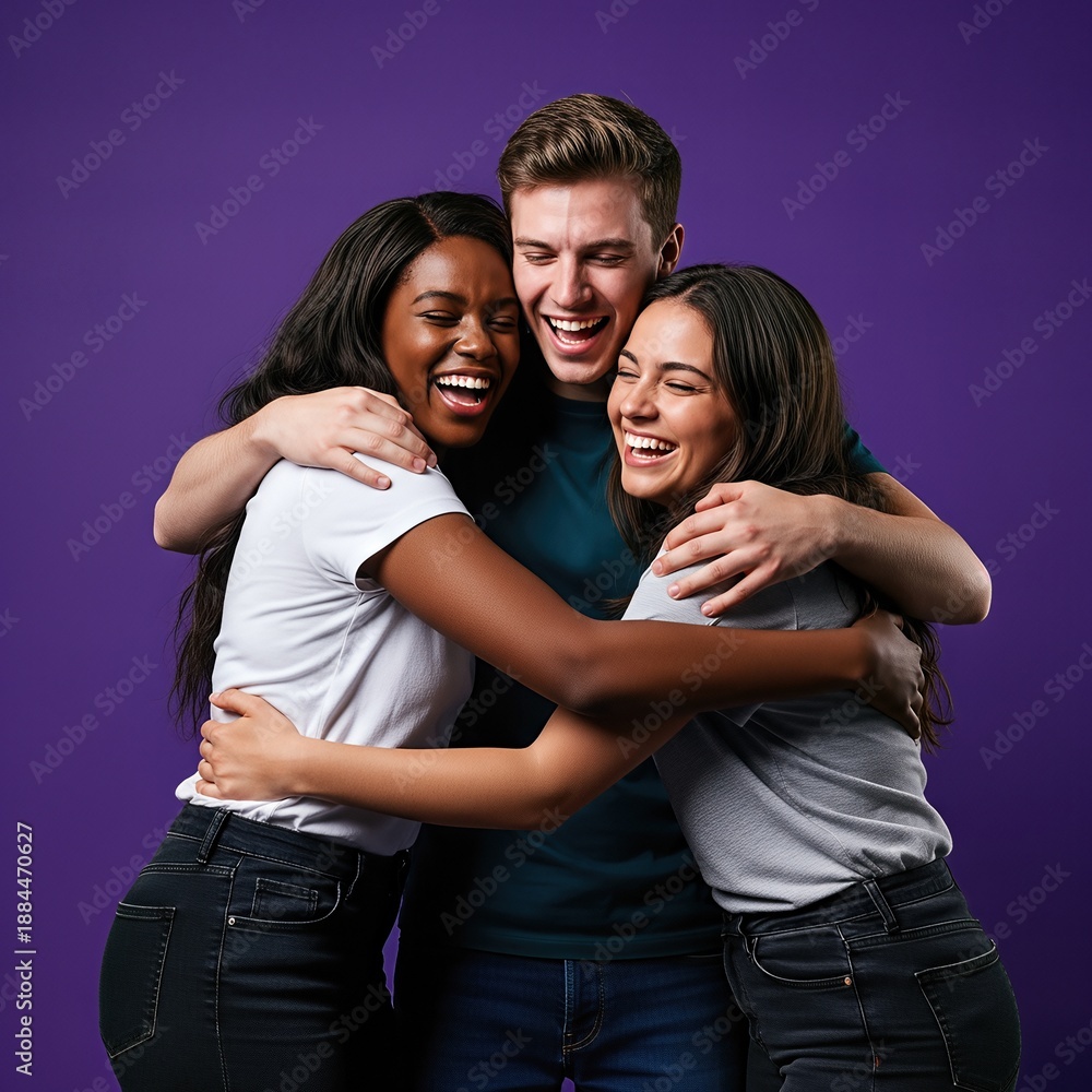 Obraz premium three friends sharing a group hug and laughing, diverse young adults celebrating together in studio against purple background