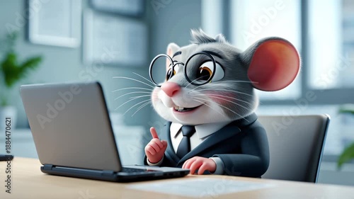 An adorable cartoon mouse wearing glasses and business attire works with a laptop in an office
