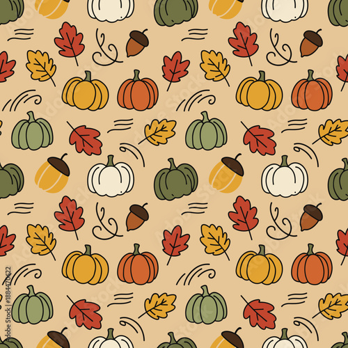 Cartoon autumn seamless pattern with festive pumpkins leaves and acorns Great for harvest decor or textiles