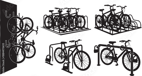 Bicycle Parking Racks and Bikes in Various Settings Displayed