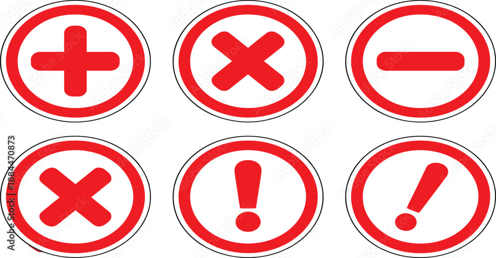 Obraz premium Red circular signs display common mathematical and validation symbols for user interface.