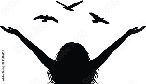 reaching out, open arms, bird silhouette, flying birds, woman silhouette, mental health, spiritual growth, inner peace, freedom concept, positive vibes