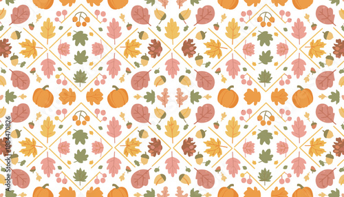 Fall seamless pattern with pumpkins colorful leaves pinecones and berries Perfect for textile and seasonal design