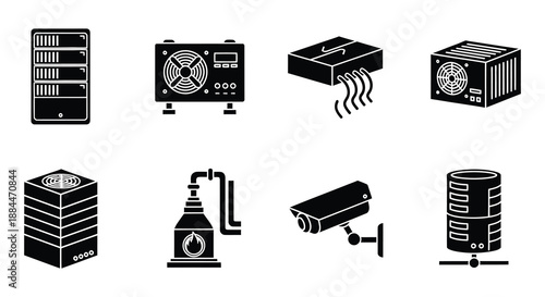 Black glyph icons representing computer hardware security systems and server components