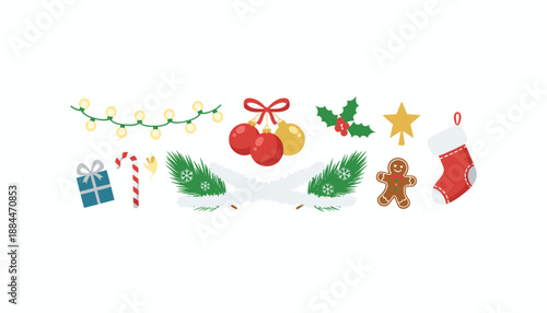 Vector set of classic Christmas holiday icons string lights ornaments candy cane holly star and stocking
