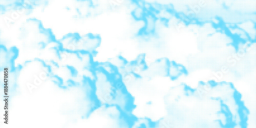 Halftone cloud background. White dotted clouds in blue sky. Pop art heaven wallpaper for banner, brochure, collage, poster, leaflet. Pixelated smoke, smog or fog texture. Vector illustration