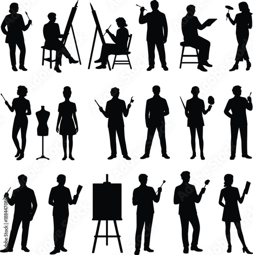 Artist silhouettes set, creative people painting drawing sculpting designing, professional art activities, black vector illustration isolated on white