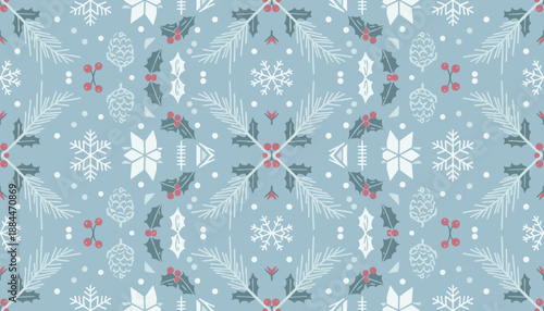Seamless winter pattern with snowflakes holly berries and pine cones Holiday background design