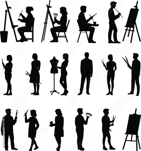 Artist silhouettes set painting drawing creative people with easel brushes palette illustration isolated on white background