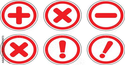 Red circular signs display common mathematical and validation symbols for user interface.