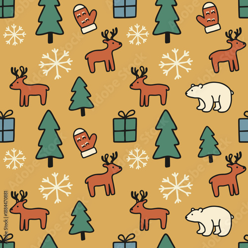 Seamless doodle pattern Christmas deer polar bears pine trees mittens snowflakes gifts