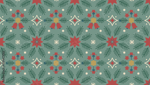 Vintage Christmas seamless pattern Holiday folk art repeat background with festive pine bells and stars