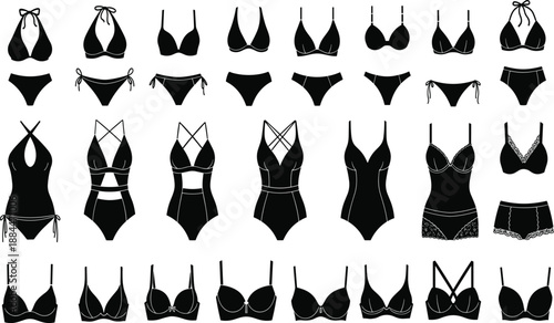 Large collection of various women swimwear silhouettes including bikinis one piece swimsuits and lingerie icons isolated on white background for summer fashion and retail design