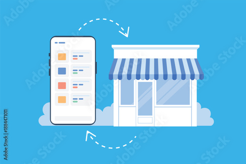 Online to Offline Commerce Concept Vector Illustration with Mobile App and Retail Store