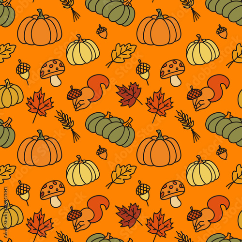 Seamless pattern of cute autumn doodles pumpkins leaves acorns squirrels and mushrooms on orange
