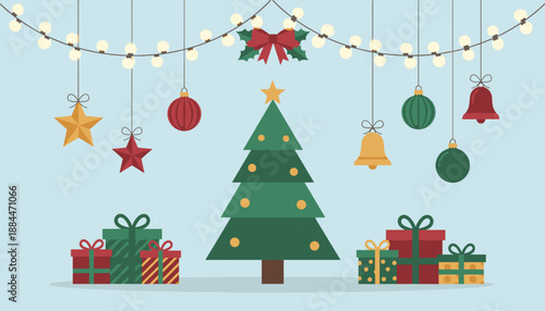 Festive vector illustration of a Christmas tree with gifts bells and ornaments Holiday background design