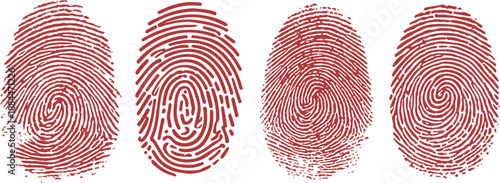 Set of Red Fingerprint Icons with Unique Biometric Identification Patterns on White Background