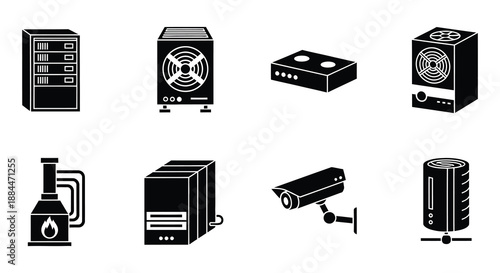 Black glyph icons representing computer hardware security systems and server components