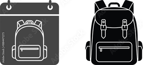 School backpack icon set with calendar and silhouette styles isolated flat vector symbols for education student design