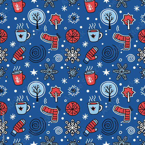 Seamless winter doodle pattern with snowflakes cocoa mugs scarves and mittens on blue background