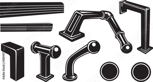 Black and white illustration of various pipe fittings and tubes