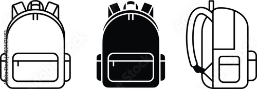 School backpack icons front and side views in outline and solid styles isolated flat vector symbols for education design