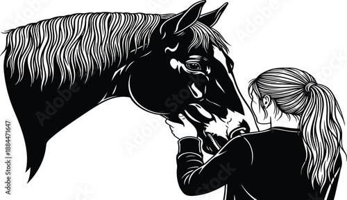 Beautiful illustration of a young woman petting a horse head black and white vector art representing friendship between human and animal on white background