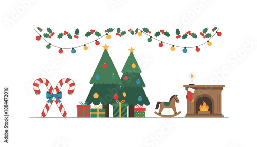 Cozy Christmas scene with festive trees gifts candy canes and fireplace Holiday background banner