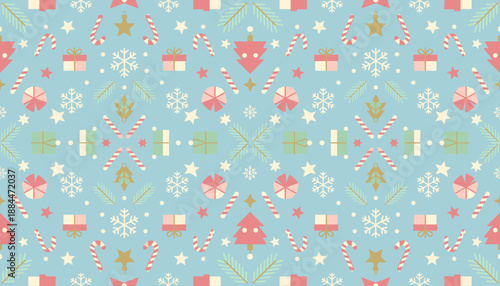 Cute seamless Christmas pattern gifts snowflakes trees and candy canes on pastel blue background