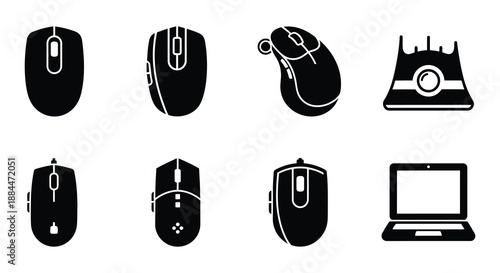 Variety of computer mice and a laptop icon set in black silhouette