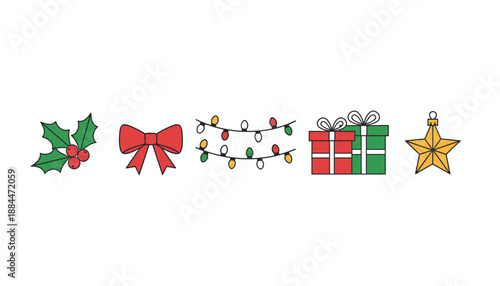 Festive Christmas essentials vector set holly ribbon string lights presents and star graphic