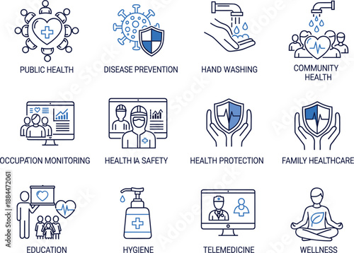 Medical vector icon set with public health disease prevention wellness and telemedicine services